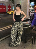 KYLETHOMASW  -  American Retro Punk Camouflage Pocket Cargo Pants Y2K High Street Hip Hop Loose Fashion Street Casual Straight Wide Leg Pants