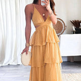Kylethomasw Elegant Deep V Neck High Waist Party Dress Sexy Hollow Out Backless Chiffon Cake Dress Lady Temperament Holiday Sling Long Dress