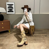 KYLETHOMASW  -  New Fold Women's Vintage Brown Metal Belt Buckle Western Cowboy Boots Square High Heel Long Boots Fashion Knight Boots 2025
