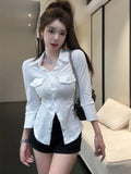 Kylethomasw Vintage Navy Blue Three Quarter Shirt for Women Tops Button Up Slim White Blouse Female Autumn Fashion Black Clothes