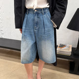 KYLETHOMASW  -  Vintage Washed Women's Denim Wide Leg Shorts Summer Loose High Waist Blue Casual Straight Half Pants Female