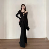 KYLETHOMASW  -  Pure Desire Deep V Neck New Mid-length Mujer Sexy Slim Waist Premium Spice Girls Dress Solid Personalized Ruched Trendy Vestidos