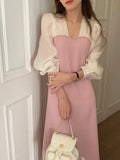 KYLETHOMASW  -  Korean Chic French Fake Two Piece Contrast Color Long Sleeve Slim Waist Lace-up Dresses