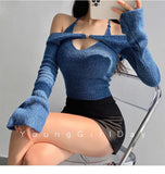 Kylethomasw Spice Girl Sexy One Shoulder Slim Slim Long Sleeve Cuff Back Knit Neck Tank Top Two Piece Set Sweaters Fashion Vintage Elegantes