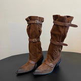 KYLETHOMASW  -  Women's Slouchy Knee High Boots Pointed Toe Buckle Straps Western Cowboy Style Chunky Heel Fashion Ruched Autumn/Winter Footwear