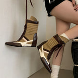 KYLETHOMASW  -  Black And White Boots Women Pointed Toe Lace Up Sports Style Wedges Shoe Fall Mid-calf Boots Comfort High Heels New Arrivals