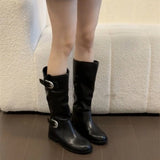 KYLETHOMASW  -  Winter Belt Buckle Women Knight High Boots Thick Heel Shoes Female Vintage Slip On Slim Long Booties Zapatos De Muje