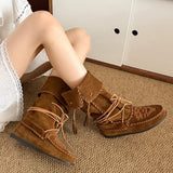 KYLETHOMASW  -  Retro Weaved Tassel Lace-Up Cowboy Boots Woman Turned-Over Edge Suede Leather Mid-Calf Boots Ladies Inner Height Western Boots