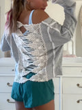 KYLETHOMASW  -  Women's Casual Grey Cropped Sweatshirt Chic Long Sleeved O-neck Top Reverse Crochet Lace Outfit New Oversized Y2k Streetwear