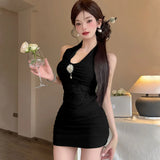 KYLETHOMASW  -  Sexy Halter Patchwork Lace Mini Dress Women 2025 Summer Sleeveless High Waist Folds Slim Fit Hip Evening Party Dresses