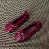 KYLETHOMASW  -  Red Bow Pleated Design Brand Ballet Flat Shoes Women Retro Round Toe Shallow Mary Jane Shoes Comfortable Moccasin Casual Shoes