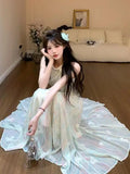 KYLETHOMASW  -  French Sweet Green Sleeveless Dress Women Summer Asymmetrical Lace Halter Neck Floral Maxi Dress Romantic Y2K Chic Fashionable