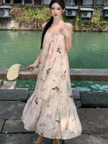 KYLETHOMASW  -  Vintage Butterfly Print Party Pleated Long Dress for Women Summer Elegant Sexy Club Beige Backless Bandage Slip Vestidos Robe