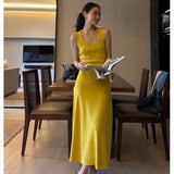 KYLETHOMASW  -  Elegant Women's Sleeveless Knit Long Dress Solid Color Elastic Slim A-Line Dresses Summer Casual Beach Holiday Sundress A010