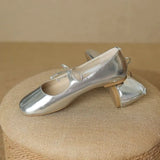 KYLETHOMASW  -  Women's Bow Square Toe Mary Jane Flat Shoes Genuine Soft Leather Low Heel Soft Sole Silver Spring Summer New Style