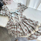 KYLETHOMASW  -  Pure Cotton Plaid Preppy Dress Women British Retro Lace Bandage Bow Kawaii Mini Dress Vintage Chic Square Collar Ball Gown Dress