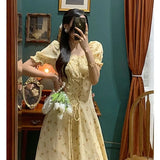 KYLETHOMASW  -  Women Summer Fashion Floral Print Ruffle Bandage Sweet Chic Midi Dress Casual Square Collar Short Sleeve Slim Slit Beach Dresses