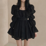 KYLETHOMASW  -  Women Dresses Puff Sleeve Solid Ruffles Square Neck Spring Autumn Vestidos Mujer Korean Fashion A-line Mini Dress