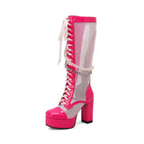 KYLETHOMASW  -  Breathable Mesh Stitched Glossy Patent Leather Motorcycle Boots Square Toe Platform Cross Lace Chain Pearl String Women's Boots