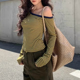 Kylethomasw Vintage Slant Collar Strapless Sexy Asymmetric Long Sleeve T-shirt Women Spring New Streetwear Contrast Color Striped Tops