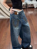 KYLETHOMASW  -  American Y2k Pocket Loose Jeans for Women Streetwear Low-waist Embroidery Denim Pants New Loose Straight Wide Leg Pants