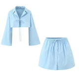 KYLTHOMASW  -  2024 Summer Blue Bow Lace Up Women Loose Shirt Sets Flare Sleeve V Neck Female Crop Top A Line Short Mini Skirt Suits