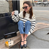 KYLETHOMASW  -  Casual Striped Women Sweater Fashion Long Lantern Sleeve Button O-neck Female Pullover 2025 Spring Autumn Chic Lady Knitwear