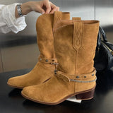 KYLETHOMASW  -  Retro Rivet Belt Buckle Ankle Boots Women Fashion Metal Chain Chunky Heel Designer Boots High Quality Faux Suede Mid Calf Boots
