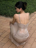 KYLETHOMASW  -  Spaghetti Strap Slim Lace Patchwork Sheer Holiday Party Dresses for Women Summer Khaki Sheath Slim Fit Streetwear Vestido