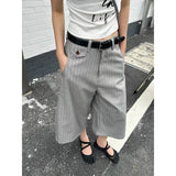 KYLETHOMASW  -  Women Grey Stripe Suit Shorts American Vintage Y2k 2000s Harajuku Oversize Wide Leg Casual Shorts Clothes Summer
