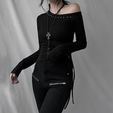 KYLETHOMASW  -  Splicing diagonal collar long sleeved T-shirt with asymmetrical slit design, slimming top for spicy girls