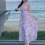 KYLETHOMASW  -  Women Summer Floral Print Sexy Off Shoulder Backless Elegant Party Dresses High Waist Lace-up Sleeveless Slim Beach Maxi Dress
