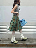 KYLTHOMASW  -  Summer Women Korean Vintage Plaid Midi A-line Skirt Japanese Y2k Coquette Fashion 2000s Aesthetic Gyaru Classical E-girl Grunge