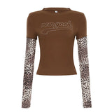 KYLETHOMASW  -  style leopard print patchwork long sleeved top with round neck and letter print for slimming effect, two fake T-shirts for women