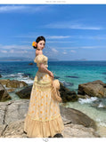 KYLETHOMASW  -  French Vacation Boho Beach 2 Piece Sets Womens Print Floral Outfits Summer Corp Top and High Waist Long Skirt Two Piece Set