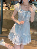 KYLETHOMASW  -  Kawaii Japanese dress lolita y2k Sweet Blue Floral Dress Women Casual Evening Party One Piece Dress Korean Fashion Summer 2024