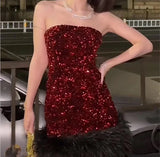 KYLETHOMASW  -  Korean Women Silver Red Patchwork Sequin Elegant Sexy Sleeveless Strapless Short Dress Summer Backless Party Wrap Hip Mini Dress