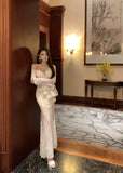 KYLETHOMASW  -  Spring French Sexy Elegant 3D Flower Evening Gown Women Backless Flared Sleeves Lace Bandeau Dress Chic Banquet Party Gown