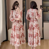 KIylethomasw French Chic Women V Neck Flower Print Chiffon Midi Dress 2024 New Spring Long Sleeve Drawstring Waist Holiday Floral Sweet Dress