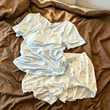KYLETHOMASW  -  Pajama Set Solid Lace Trim Top Cute Rabbit Print Shorts Ladies Home Clothes Sleepwear Loungewear Summer New Sweet Cute Nightwear