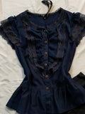 KYLETHOMASW  -  Harajuku Vintage Lace Ruffle Flying Sleeve Button Navy Blue Blouse Women Spicy Girls Summer Slim O-neck Y2k Aesthetic T-shirts