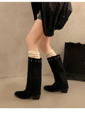 KYLETHOMASW  -  Fashion Vintage Thick Heel Women Western Cowboy Boots Button Combination Splicing Shoes Autumn Winter Ladies Pipe Long Booties