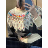 Kylethomasw Vintage Argyle Knit Women‘s Sweaters Harajuku Rainbow Color Long Sleeve Pullovers Japan Style Cutecore Winter Clothes