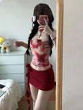 KYLETHOMASW  -  Women Y2K Two Piece Set Butterfly Print Tube Top and Knitted Side Tie Mini Skirt Slim Fit Suit Sexy Club Summer Street Outfit