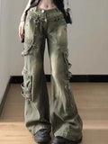 Kylethomasw Zipper Cargo Denim Pants Women Streetwear Hip Hop Retro Loose Pockets Straight Wide Leg Jeans Y2k Causal Female Trousers