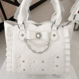 KYLETHOMASW  -  Japanese Sweet Cute Tote Bag Women Bow Pearl Rhinestone Crossbody Bag Ladies Lace Lolita Girl Kawaii Elegant Shoulder Bags Chic
