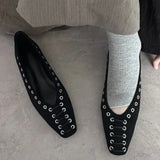 KYLETHOMASW  -  High Quality Faux Suede Flat Mary Jane Shoes Women Fashion Rivets Lace Up Brand Designer Shoes Comfortable Soft Sole Office Shoe