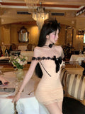KYLETHOMASW  -  Mini Dress Woman Sexy Slash Neck Lace Patchwork Sleeveless Slim Backless Bow Elegant Party Dresses Ladies Fashion