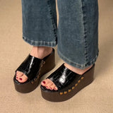 KYLETHOMASW  -  Brown Crocodile Print Platform Wedge Slippers Woman Summer Open Toe Gold Studs High Heel Sandals Outer Beach Shoes