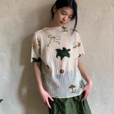 KYLETHOMASW  -  Women Original Hand painted Floral Print Pleated Top 2024 Summer Pullover Short Sleeved Base Versatile Retro T-shirt